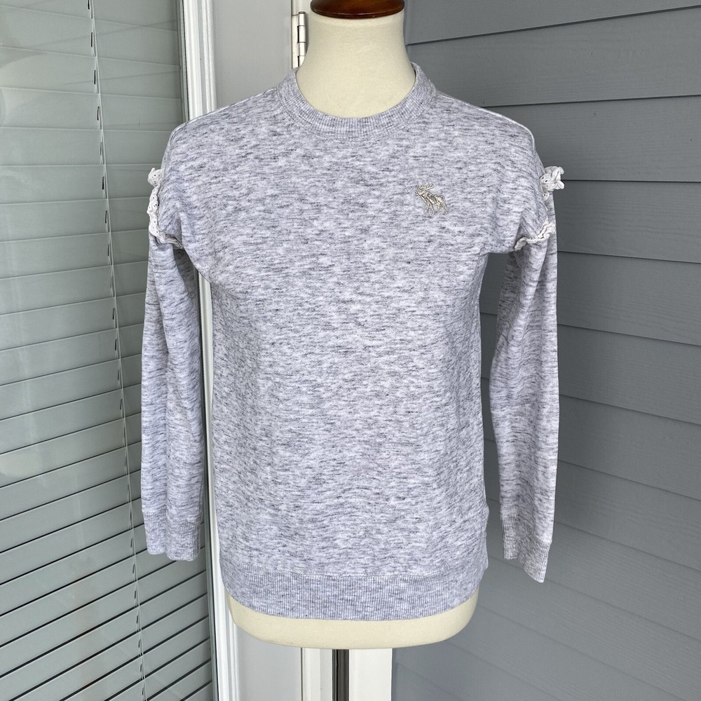 Abercrombie & Fitch Girl 11 12 Sweater Pullover Top Knit Grey Cotton Embroidery